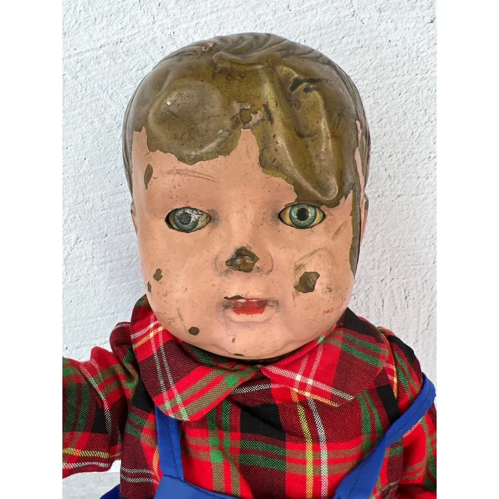 Metal Tin Vintage Antique Doll Creepy Large Eyes Move Cast Rare Boy‎ Guy